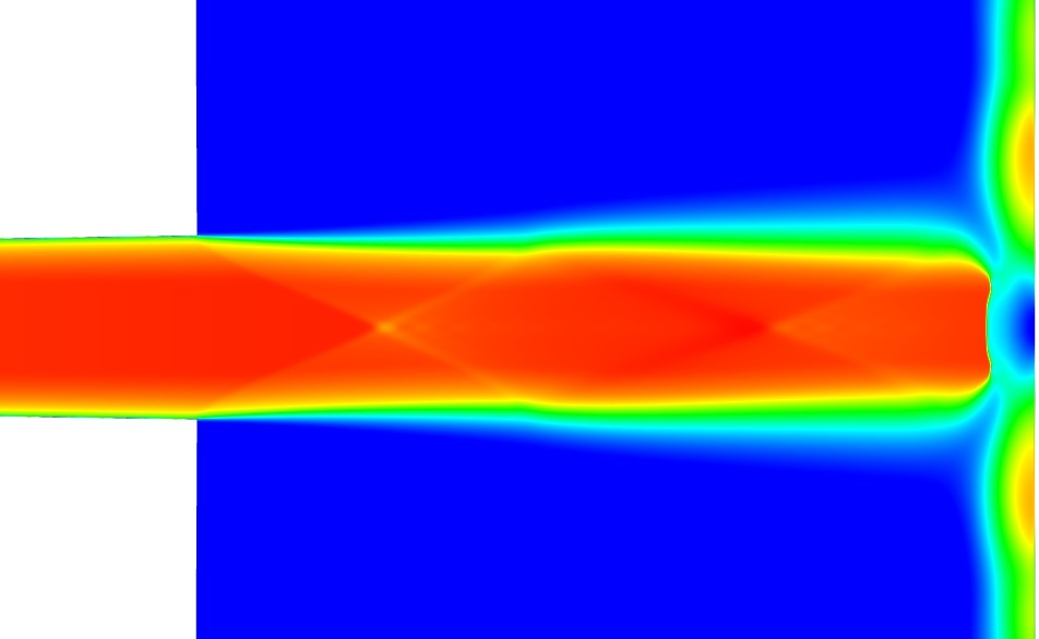 Velocity magnitude contour of supersonic gas flow through a cold spray nozzle, ANSYS Fluent